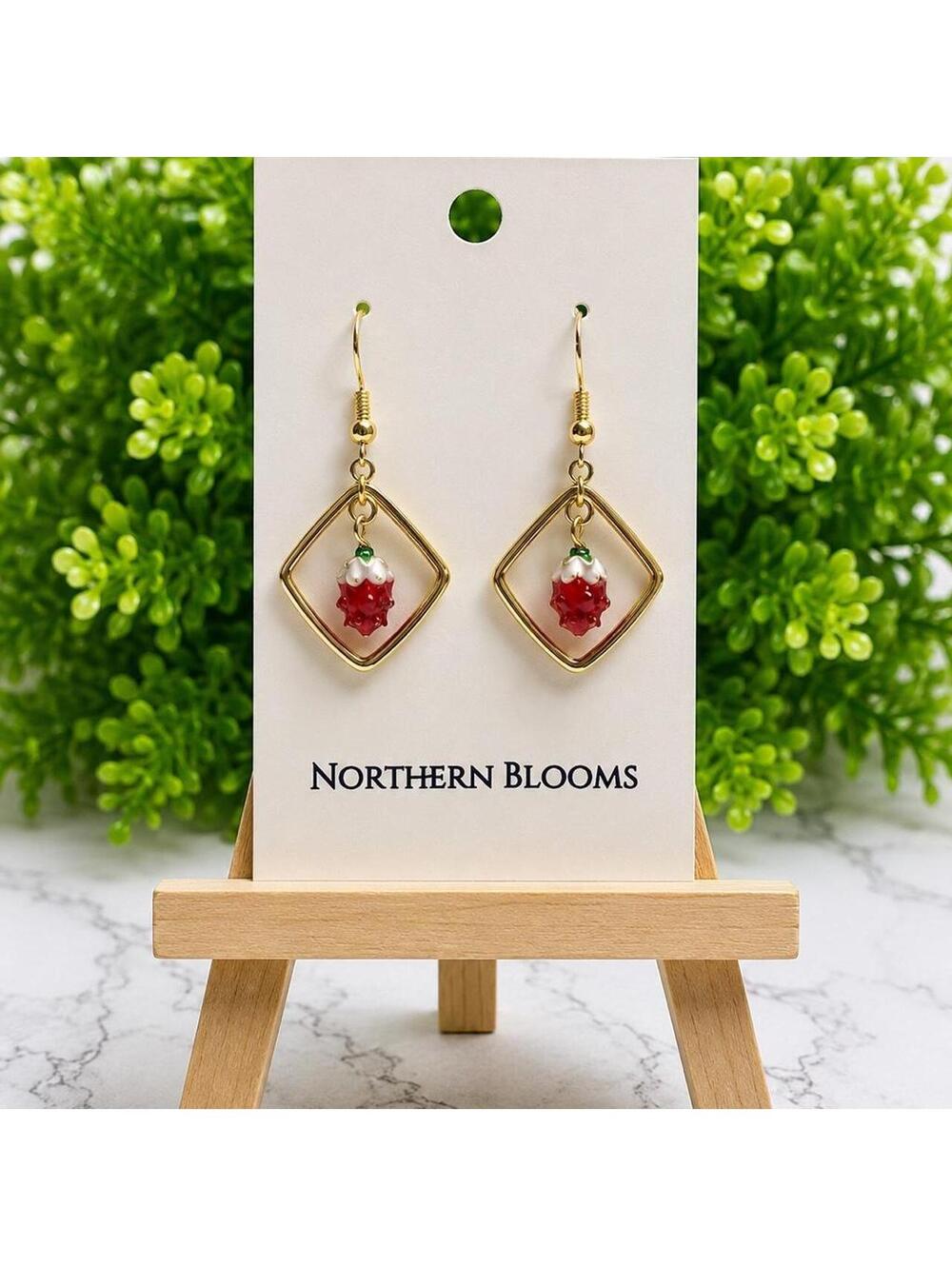 Gold Plated Diamond Shaped Frame Earrings with Red Strawberry Charm